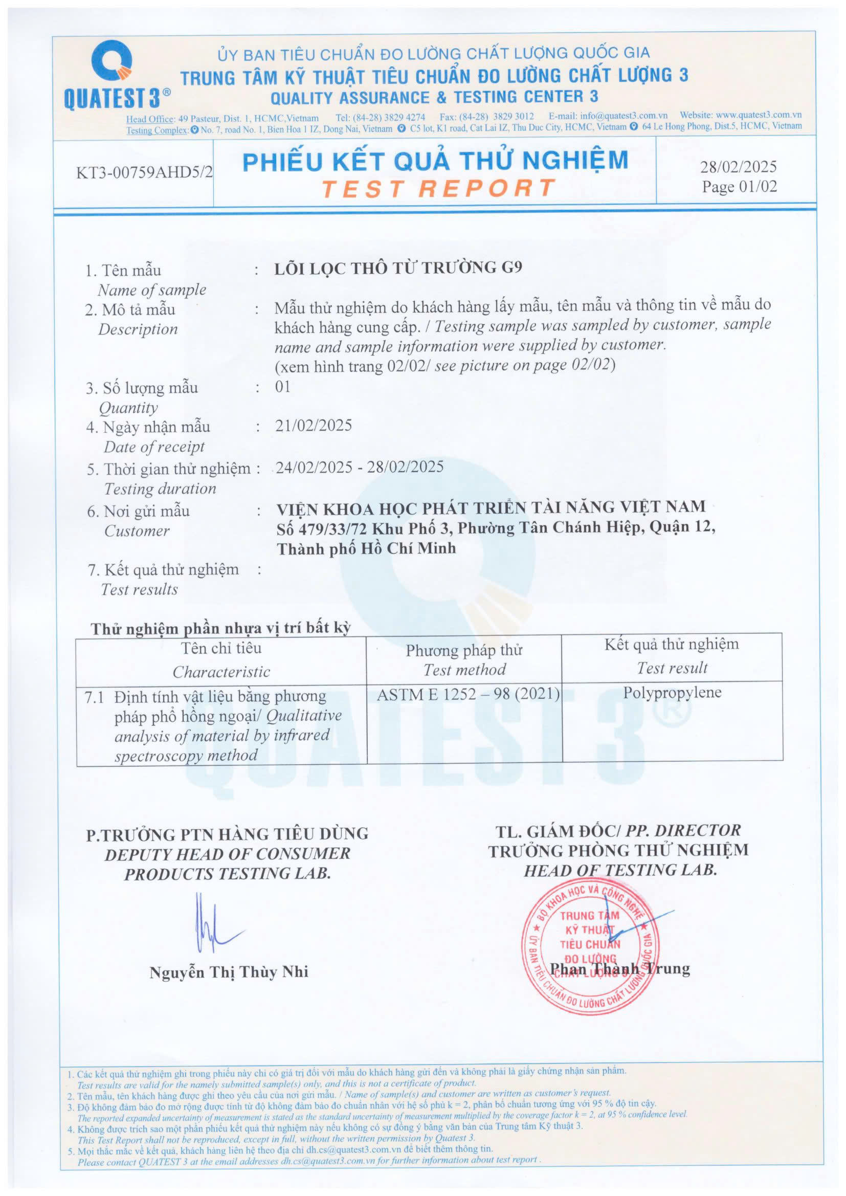 kết quả chứng nghiệm lõi lọc từ trường G9