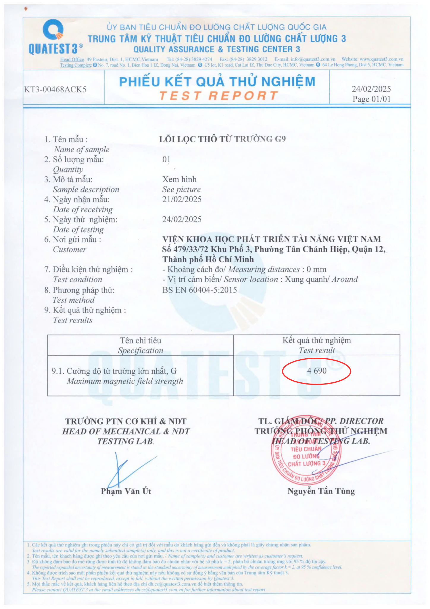 kết quả thử nghiệm lõi lọc từ trường G9
